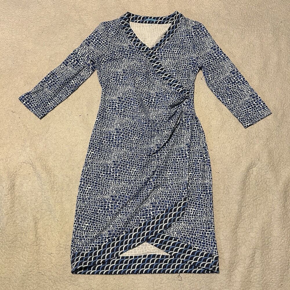 J McLaughlin Dress Womens Medium Blue Faux Wrap Catalina Cloth Print Career
